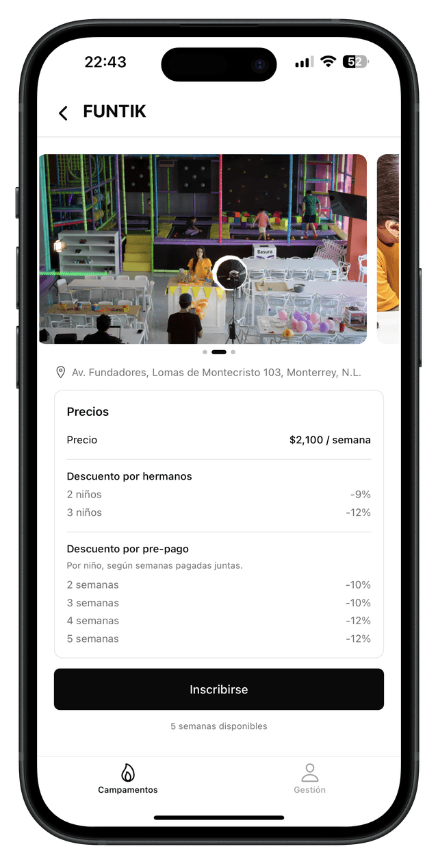 Captura de pantalla de la app KALI CAMPS